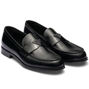 Prada Black Brushed Leather Triangle Logo Classic Loafer SlipOn Flat UK 12 US 13